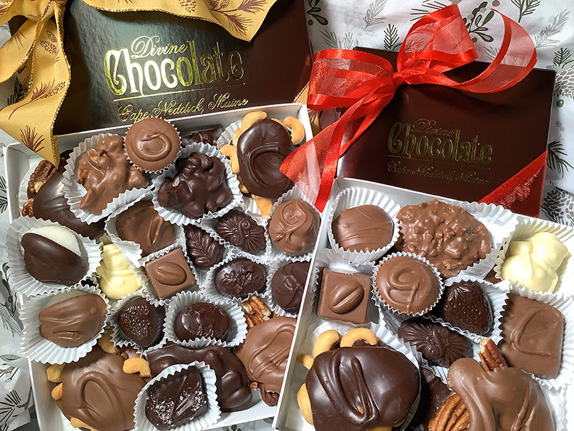 Holiday Assortment of hand dipped chocolate including caramels, turtles, truffles, coconut clusters, peanut clusters, peanutbutter cups and more
