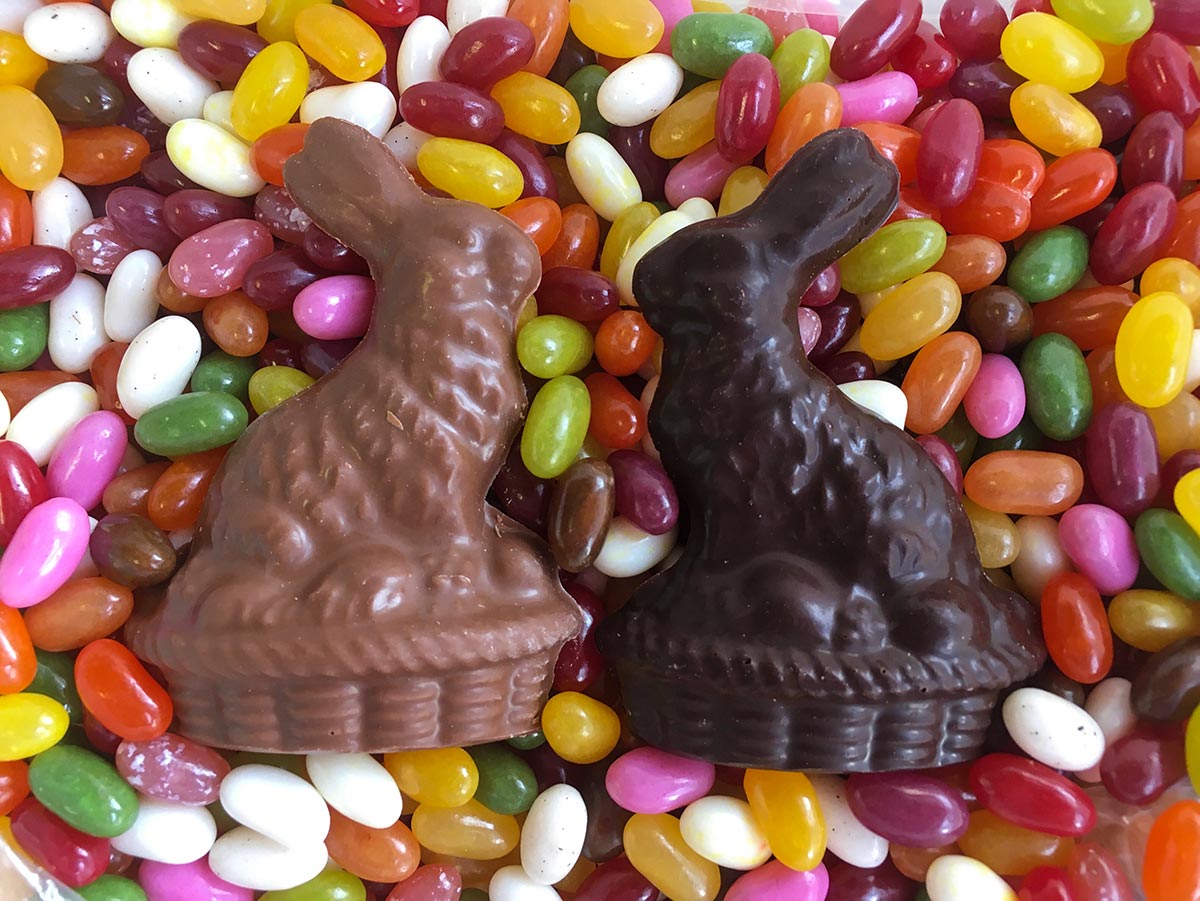 mini chocolate Easter rabbits in a basket