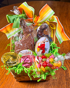 Large Easter Basket with chocolate rabbitsm jelly beans, chocolate marshmallow eggs, caramels, Victorian egg tin with a surprise